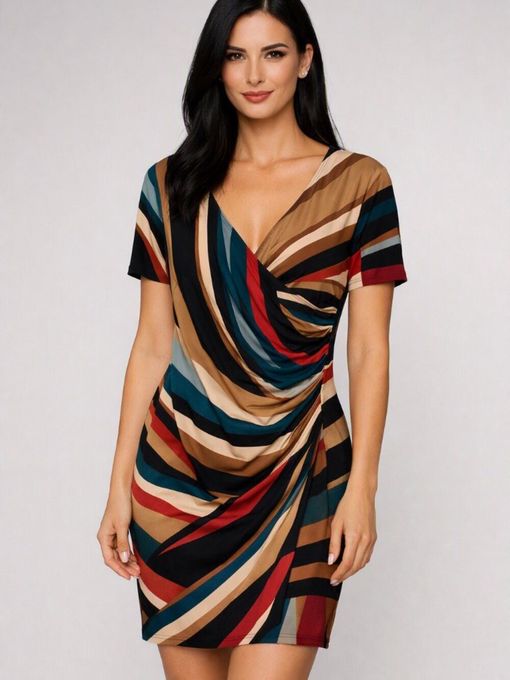 J.B.S. Striped Draped V-Neck Midi Dress in Teal, Tan, Black & Red